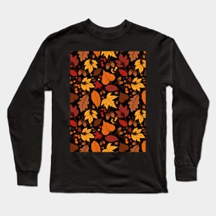 Autumn Pattern No 01 - Black - Warm Fall Leaves Pattern Motifs Long Sleeve T-Shirt